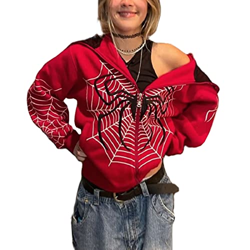 NIKDUCK Y2k Full Zip Up Hoodie Women Oversized Goth Sweatshirt E-Girl Rhinestone Long Sleeve Graphic Jacket Streetwear (Standard, 25-Red, L)