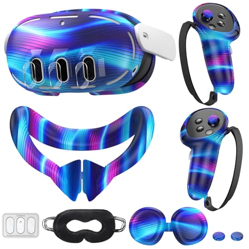 Silicone Cover Set Compatible with Meta/Oculus Quest 3, VR Silicone Face Cover, VR Shell Cover,Touch Controller Grip Cover,Camera Lens Protector Set (Colorful B)
