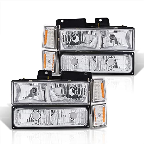 AJP Distributors Chrome Housing Clear Corner Headlights Bumper Signal Lamps Left Right Compatible/Replacement For C10 C/K C1500 C2500 C3500 K1500 K2500 K3500 Silverado Suburban Tahoe 94 95 96 97 98 99