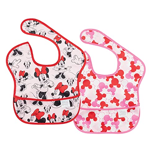 Bumkins Disney Bibs for Girl or Boy, SuperBib Baby and Toddler for 6-24 Months, Essential Must Have for Eating, Feeding, Baby Led Weaning, Mess Saving Waterproof Soft Fabric, 2-pk Minnie Mouse Classic