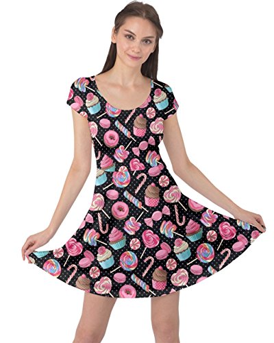 CowCow Womens Black Yummy Colorful Sweet Lollipop Candy Macaroon Cupcake Donut Cap Sleeve Dress, Black - M