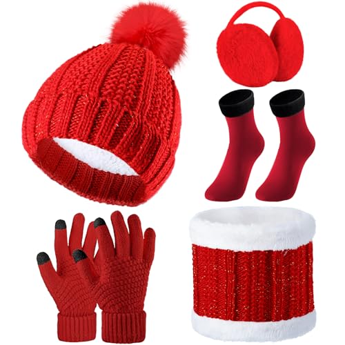 SATINIOR 5 Pcs Winter Hat Scarf Gloves Set Knit Beanie Pompom Hat Warm Touch Screen Gloves Earmuff Warmer Stocking for Women(Red, Classic Style)