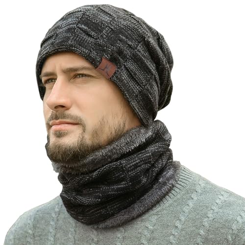 Mens Winter Beanie Hats Scarf Set Warm Knit Hats Skull Cap Neck Warmer with Thick Fleece Lined Winter Hat & Scarf for Women