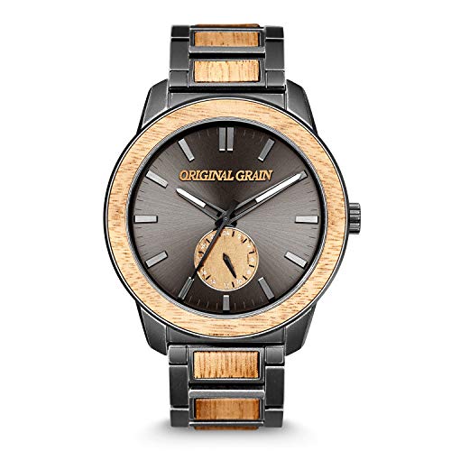 Original Grain Men's Hawaiian Koa Stonewashed 46mm Analog Watch | Barrel Collection, 316L Stainless Steel, Adjustable Watch Band | 5ATM Water-Resistant, Scratch-Resistant | Fashion Wrist Watch for Men