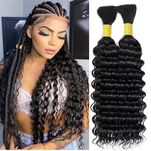 20inch Human Braiding Hair 2 Bundle 100g Deep Wave Bulk Human Hair for Braiding No Weft Curly Braiding Hair Bulk Curly Human Hair for Boho Braids 100% Remy Human Hair Extensions Natural Color