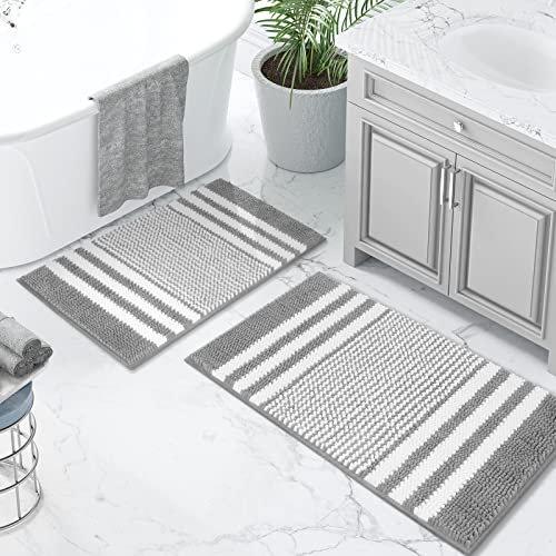Tindbea Bathroom Rugs Set 2 Piece, Extra Soft and Absorbent Fluffy Striped Chenille Bath Mat Rug Set, Non Slip Bathroom Floor Mat, Machine Washable (20' x 32' Plus 16' x 24', Gray)