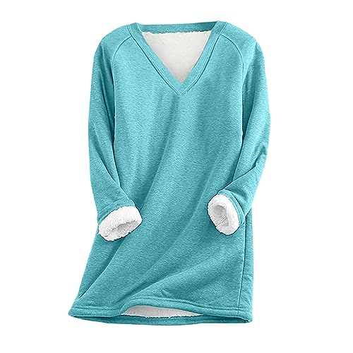 hoodies y2k lightening deals Womens Long Sleeve Pullover Sweatshirt V Neck Solid Plain Fleece Hoodies Loose Fit Casual Dressy Sweater Fall Fashion Outfits Light Blue 2X
