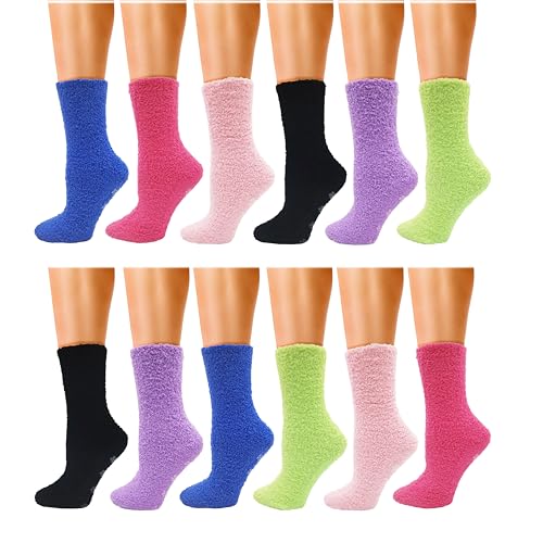 12 Pairs Fuzzy Slipper Socks, Soft Fluffy Cozy Non-Skid Gripper Soles for Women Girls, Warm Winter Bulk Pack