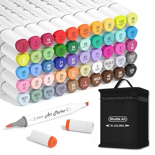 Shuttle Art Alcohol Markers Brush tip, Dual Tip Brush & Chisel Tip Art Marker Set, 50 Colors plus 1 Blender Permanent Marker Pens with Case Perfect for Illustration Students Adults Coloring Sketching