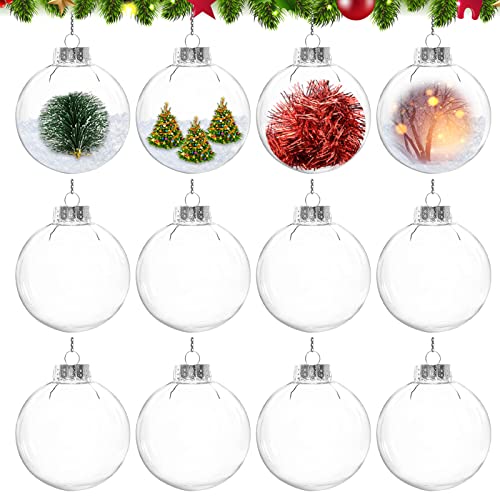 12Pcs 60mm Clear Plastic Christmas Ball Ornaments 2.36'' Round Clear Plastic Fillable Bulb DIY Craft Ornaments Shatterproof Xmas Tree Hanging Balls for Holiday, Wedding, Birthday, Christmas Wreath
