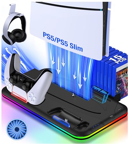 EUROA PS5 Slim Stand with Cooling Station and Controller Charging Station for PS5 Slim Console Disc/Digital, for PS5 Accessories-Cooling Fan, RGB Light, Headset Holder, 15 Game Slot for Playsation 5