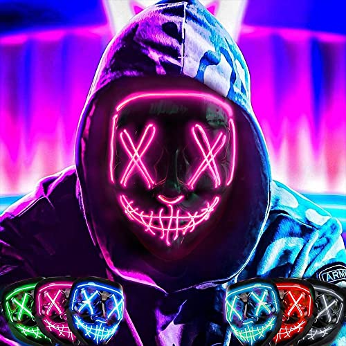 HalloCity Halloween Mask Costume, LED Purge Mask, LED Light Up Mask with 3 Lighting Modes Masquerades Parties Carnival Gifts Pink