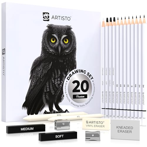 Artisto Drawing and Sketching Pencil Art Set (20 Items) - Complete Kit with Graphite Pencils, Charcoal Pencils, Sticks, Blending Stumps, Erasers, and Sharpeners.