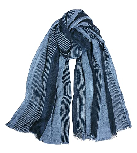 GERINLY Cotton-Linen Scarves Mens Stripe Crinkle Long Scarf European Neck Wrap Bufanda de Hombres (Blue)
