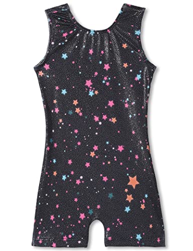 TENVDA Girl Leotard Gymnastics Biketards with Shorts Sleeveless Black Sparkle Unitard for 5-6 Years Old USA Kids Tumbling Cheer Practice Acro Dance Class