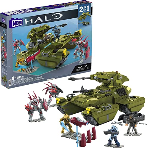Mega Halo Infinite Toy Vehicle Building Set, UNSC Scorpion Clash with 993 Pieces, 5 Micro Action Figures and Accessories, Gift Ideas for Kids