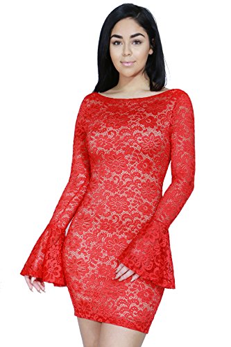 Women's Floral Lace Bodycon Soft Lining Under V Cut Low Back Dress (Medium, RED)