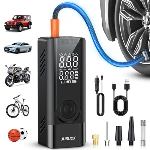 JUSUOX Tire Inflator Portable Air Compressor, 150PSI Cordless Air Pump for Car Tires, Battery & 12V DC Dual Power Electric Bike Tire Pump with Digital Pressure Gauge, LED Light, for Motorcycle, Ball