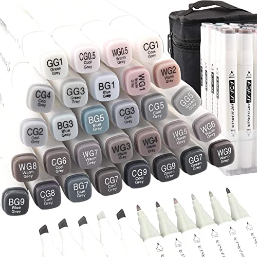 ADAXI 30 Colors Grayscale Markers Set, Alcohol Based Ink Neutral Gray Tones Art Supplies Dual Tip, Permanent Artist Markers Pen for Anime Portrait Illustration Sketching Drawing Coloring