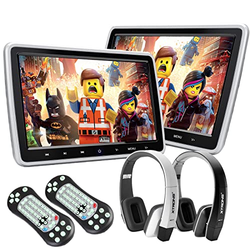 XTRONS Dual Car DVD Players 10.1 Inch TFT Screen Portable Car Headrest CD Player for Children Support HDMI Input, USB SD, AV in & Out, Region Free, 32 Bit Games with 2 Wireless IR Headphones (Black & White)