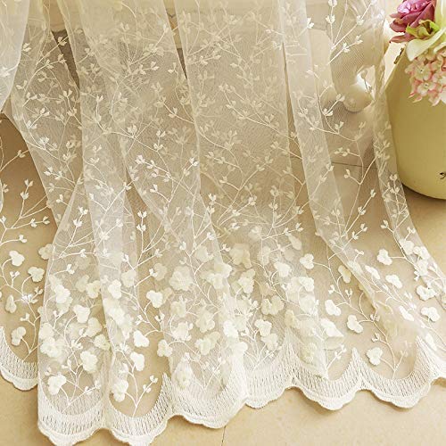 ZZCZZC 2Panel Beige Floral Embroidered Sheer Curtain for Living Room Pastoral Gauze Voile Tulle Draperies Rod Pocket W52 x L96 inch