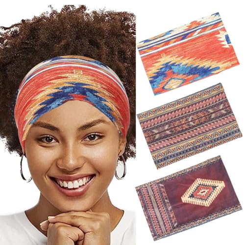 CAKURE Boho Headbands Wide Turban African Head Wraps Stretchy Hairbands Cloth Head Bands Floral Headband Hair Accessories for Women and Girls Pack of 3 (Type A)