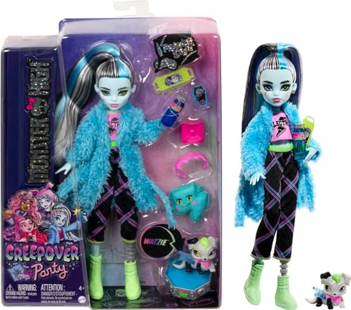 Monster High Doll, Frankie Stein Creepover Party Set with Pet Dog Watzie, Sleepover Clothes and Accessories