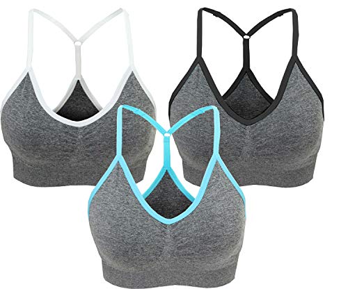 AKAMC Women's Removable Padded Sports Bras Medium Support Workout Yoga Bra 3 Pack,White/Blue/Black,Large