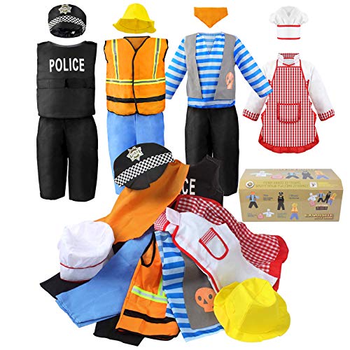 Jeowoqao Boy's Dress Up Costumes Set, Role Play Set 11-pcs Trunk Pirate, Chef, Construction Worker, Policeman Costume Fit Kids Girls Age from 3-6