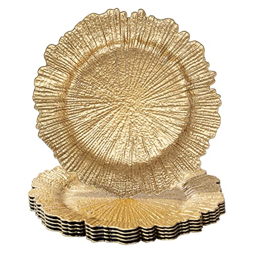 MAONAME Round 13' Gold Charger Plates, Set of 6, Reef Plate Chargers for Dinner Plates, Plastic Table Chargers for Wedding, Thanksgiving, Christmas