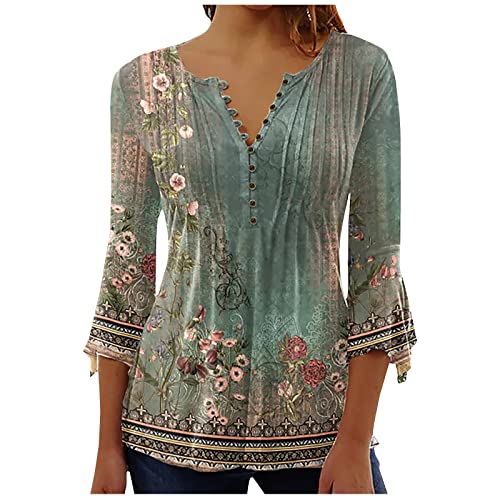 Boutique Tops for Women Trendy Women Floral Print Summer t Shirts 3/4 Length Bell Sleeve Henley Tops Empire Waist Smocked Tunic Trendy Casual Outfits Womens Tunic Tops