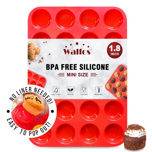 Walfos Mini Silicone Muffin Pan - 24 Cups, BPA Free and Dishwasher Safe, Non-stick Silicone Cupcake Baking Pan, Great for Making Muffin Cakes, Tart, Bread
