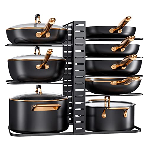 MUDEELA Pots and Pans Organizer : Rack under Cabinet, 8-Tier Kitchen Cabinet Organizers and Storage, Light-Duty Adjustable Pot Racks, Pan Organizers inside Cabinet with 3 DIY Methods