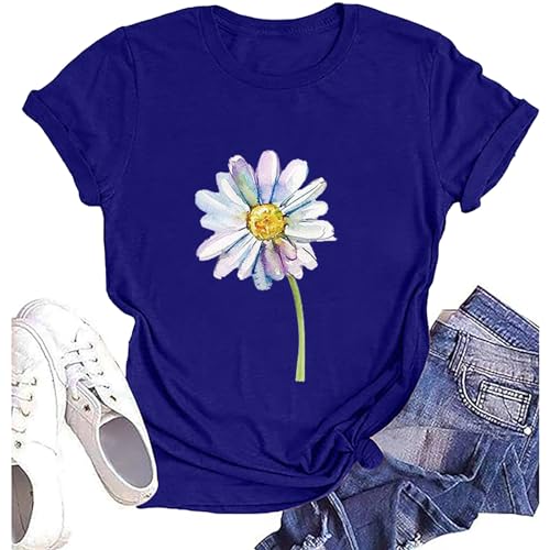 My Orders Orders Summer Fashion Womens Clothes 2024 Shoulder top y2k Short Sleeve Shirts Woman Shirts Graphic Crewneck Tops Womens Daisies Shirts and Today's Deals Prime Dark Blue-1 L