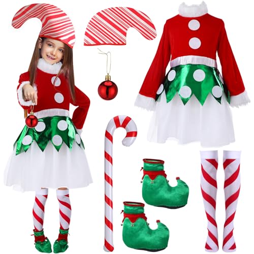 Haull 6 Pcs Candy Cane Elf Costumes for Kid Christmas Elf Costumes for girls elf outfit Princess Dress Elf Hat Striped Socks Elf Shoes Xmas Balls Inflatable Cane