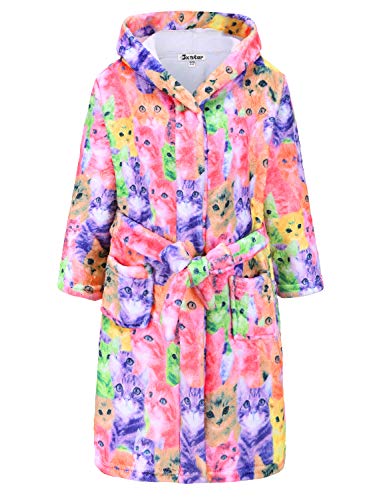 Jxstar Girls Bathrobes Kids Hooded Robes Plush Soft Coral Fleece Cat Pajamas Sleepwear,Size 6 7