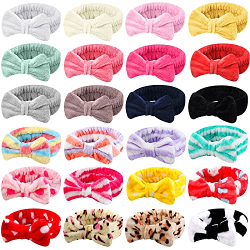 WILLBOND 24 Pack Spa Headband Bow Hair Band Facial Makeup Headband Women For Face Wash Adjustable Skincare Soft Flannel Towel Head Wraps for Shower Washing Face Girls Yoga Sports, 24 Styles