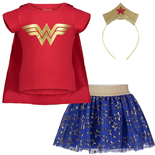 DC Comics Justice League Wonder Woman Little Girls 4 Piece Costume Set: T-Shirt Skirt Headband Cape Red 6