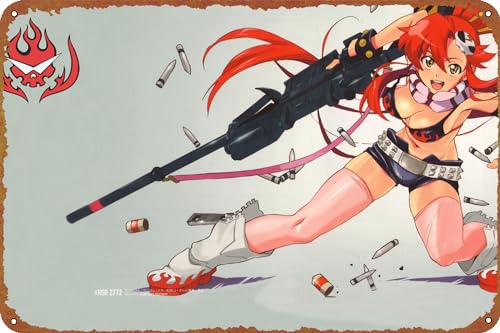 Yoko Littner Tengen Toppa Gurren Lagann Sniper Rifle Bikini Bullet Yellow Eyes Red Hair Thigh Highs Scarf Gun Boots Shorts Weapon Long Hair Anime Posters Tin Signs Retro Metal Movie Tins for Bar Pub Home Cafes Wall Decor, 8X12 Inch (20X30 CM)