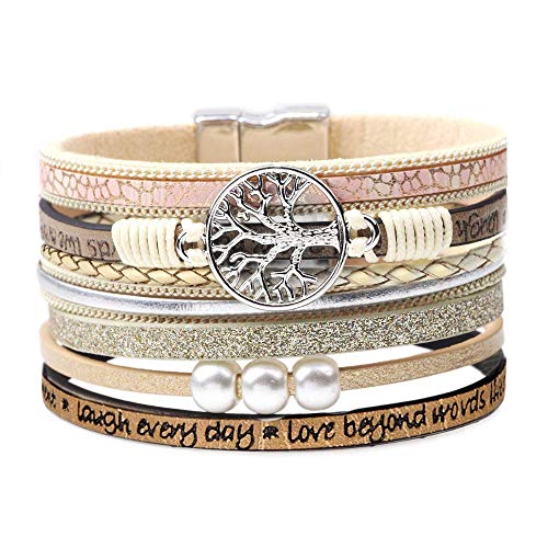Bracelets for Women Wrap Boho Buckle Stacking Multilayer Leather Wide Layered Family Tree of Life Inspirational Bracelet Mothers Day Birthday Christmas Jewelry Gifts for Teen Teenage Year Old Girls