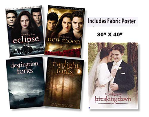 Twilight Saga Movie Collection + 30'' X 40' Fabric Wedding Poster - Twilight Eclipse/ Twilight New Moon / Destination Forks / Twilight in Forks