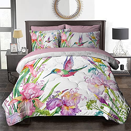 BlessLiving Tropical Birds Bed-in-A-Bag 8 Piece Comforter Set Watercolor Hummingbird Flowers Bedding Queen 1 Comforter, 2 Pillow Shams, 1 Flat Sheet, 1 Fitted Sheet, 1 Cushion Cover, 2 Pillowcases