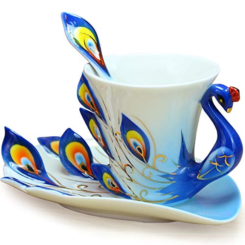 GloDeals Hand Crafted Peacock Tea Coffee Cup Set with Saucer and Spoon Delicate Porcelain Mug for Mom Women Present Grandma Women’s Day Present(Blue)