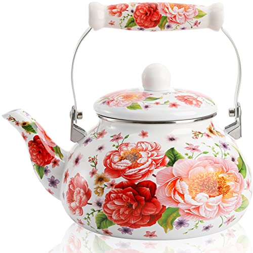 DEAYOU 2.6 Quart Enamel Tea Kettle, 2.5L Porcelain Tea Pot with Handle for Hot Water, No Whistling