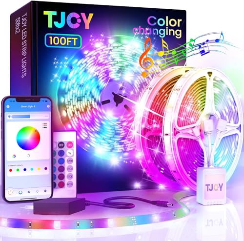 TJOY 100ft Bluetooth LED Strip Lights, Music Sync LED Lights Strip, RGB Color Changing LED Lights with Remote,Smart Phone APP Control, LED Lights for Bedroom,TV,Room DIY (APP+Remote +Mic)
