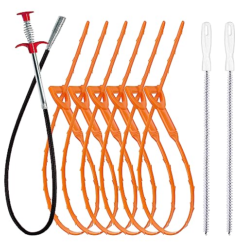 35.5inch Drain Clog Remover(1pcs), 25inch Drain Snake Hair Remover(6pcs) ＆ Cleaning Brush(2pcs), Hair Catcher Drain Auger Cleaner Tool Set For Toilet, Kitchen Sink, Bathroom Tub, Sewer, 9 Pack