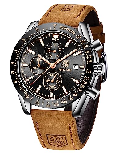 BY BENYAR Mens Watches Analog Quartz Chronograph Waterproof Luminous Men's Wrist Watches Business Work Sport Casual Fashion Brown Leather Band Dress Watch Elegant Gifts for Men Father's Day