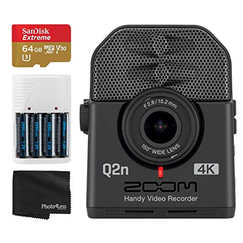 Zoom Q2n-4K Ultra High Definition Handy Video Camera Recorder for Musicians + 64GB Extreme UHS-I microSDXC Memory Card + 4 AA Batteries and Charger + Cleaning Cloth - Deluxe Video Recordering Bundle