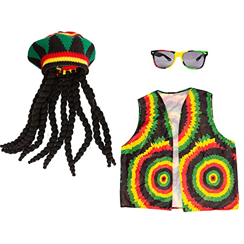 Tigerdoe Rasta Hat with Black Dreadlock Wig - 3 Pc Set - Reggae Hat, Vest & Sunglasses - Jamaican Costume Accessories
