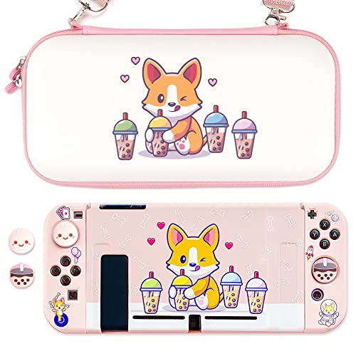 BelugaDesign Corgi Boba Switch Bundle | Cute Carry Case Cover Shell Thumb Grips Compatible with Nintendo Switch | Animal Dog Bubble Tea (Switch Standard Bundle, Pink)